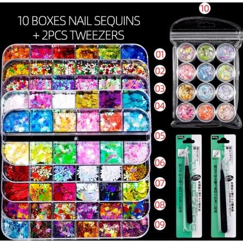 Nail Art Decoration and Tweezer Full Set Butterfly Maple Leaf Christmas Snowflake Sequins Mixed Fluorescent Glitter Flakes Shiny