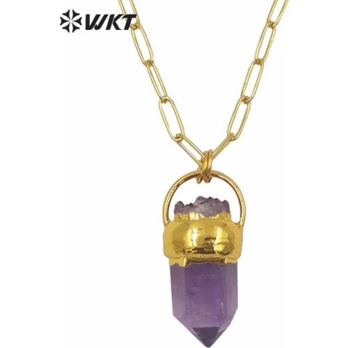 WT-N1254 Gorgeous unique big hexagon cube point amethysts necklace gold plated druzy purple stone with chain necklace
