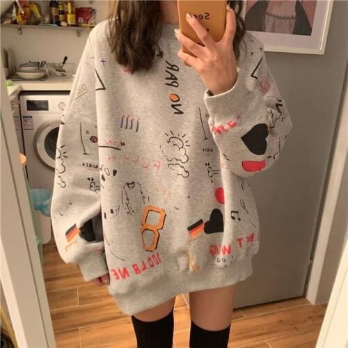 Crew Neck Women Pullover Streetwear Spring K Pop Fashion Cartoons Printing Loose Full Sleeve Tops for Girl Harajuku Sweatshirts