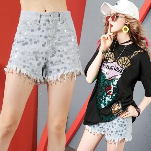 Jean Shorts Women 2020 New Summer Loose Office Lady Beading Shorts High Waisted For Women Sequined Zipper Fly Ladies Hot Shorts