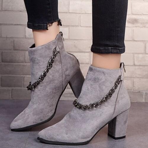 Womens Suede Ankle Boots Womens Thick-soled Ankle Boots Zipper High-heeled Boots Casual Shoes Womens Chain Womens Boots