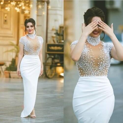 Long Mermaid Evening Dresses White 2020 Arabic Dubai High Neck Pearls Beaded with Sleeves Floor Length Prom Party Gown Celebrity