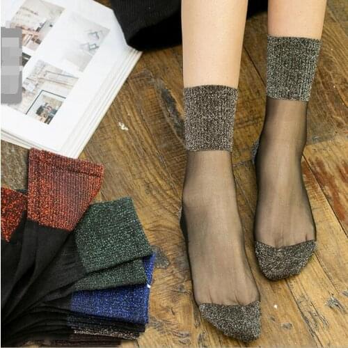 1 Pair Hot Sale 2018 Shiny Socks New Fashion Glitter silver Flanging Wild In Tube Socks Transparent Elastic Hosiery