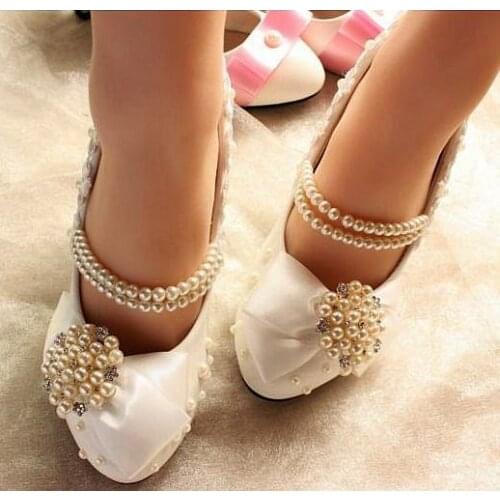 9CM satin butterfly-knot cystal wedding shoes ivory pearls luxury handmade plus sizes bridal ladies party proms wedding shoe