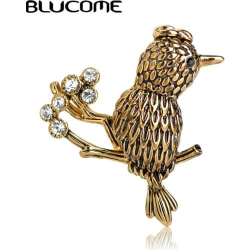 Blucome Vintage Branches Bird Brooches Blue Crystals Alloy Brooch Pins For Women Kids Suit Hats Accessories Party Jewelry Pins