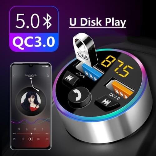 Bluetooth 5.0 FM Transmitter U Disk MP3 Player Wilress Car Handsfrees Kit Audio Adapter Dual USB QC3.0 Charger Voltage Detection