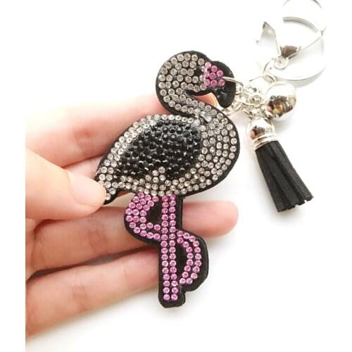 Flamingo Keychain Crystal Tassel Chain Key Ring Women Holder Car Bag Romantic Animal Pendant Leather Rhinestone Keyring