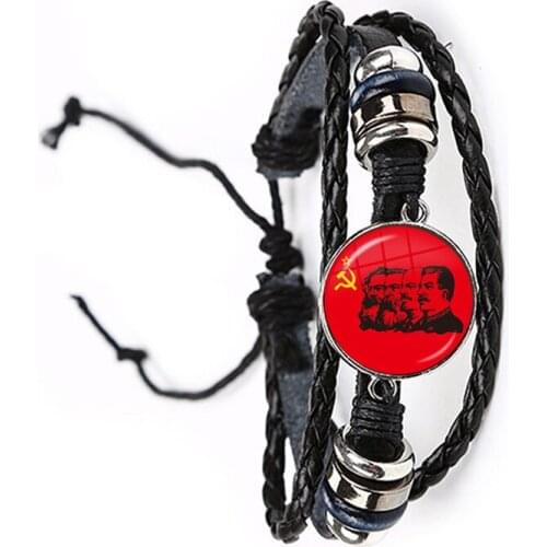Soviet USSR Stalin Lenin Black/Brown Leather Bracelet Classic Red Star Hammer Sickle Communism Emblem CCCP Glass Cabochon Bangle