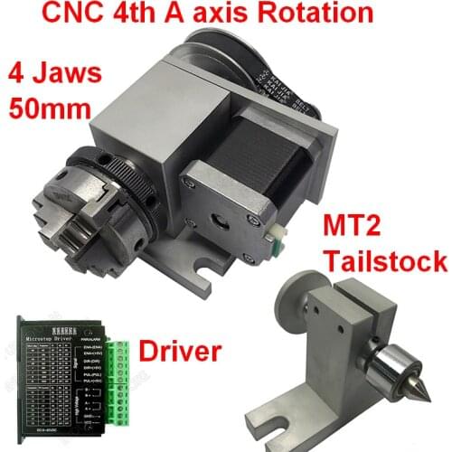 CNC A Axis Rotation 4 Jaws Sanou K02-50 2" Chuck 4th 4 Axis Rotary&drive&MT2 Tailstock + Driver for Router Woodworking Engraving