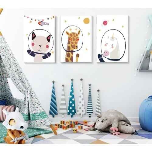 Baby Animals Nursery Pictures Art Prints Little Astronaut Cartoon Wall Paintings Kids Bedroom Playroom Lovely Decorative Poster