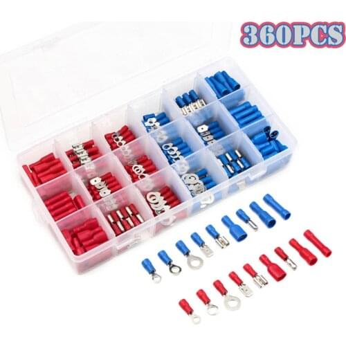 360pcs Electrical Crimp Terminals Insulated Butt Connectors Spade Ring Fork Copper Terminators Set With Storage Box Red Blue