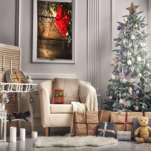 Tapestry Stars Baubles Pine Tree Branches Decorating Lights on Wooden Table Romantic Photo Red Brown Green