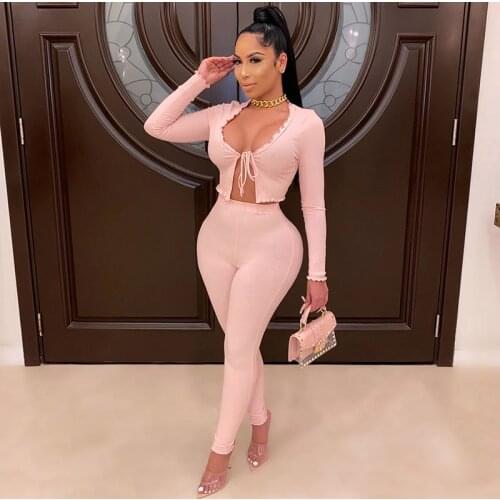 Two Piece Set Women Femme Knitted Long Sleeve Bandage Cardigan Crop Top + High Waist Elastic Pencil Pants Outfits 2Pcs Suit