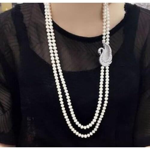 Beautiful 2row 8-9 mm natural white pearl necklace 24"-26"