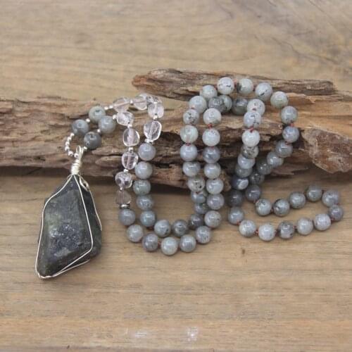 Raw Labradorite Nugget Pendant 8mm Round Beads Mala Necklace Crystal Quartz Knotted Handmade Yoga Prayer Jewelry Dropship,QC0104