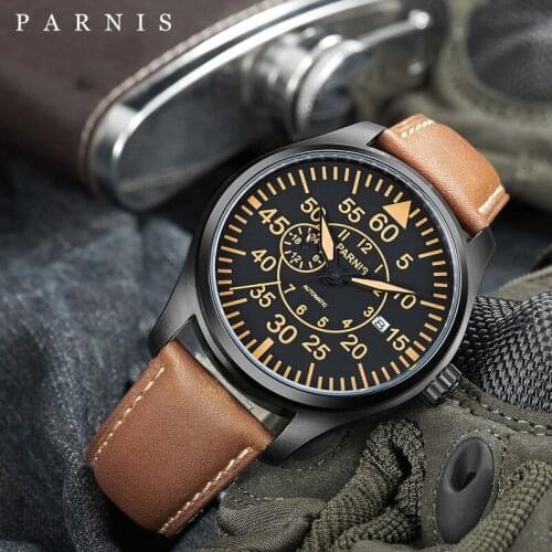 Parnis 44mm Mechanical Watches Miyota Movement Pilot Military Watch Automatic Watch Sapphire Crystal Calendar Wristwatch Men