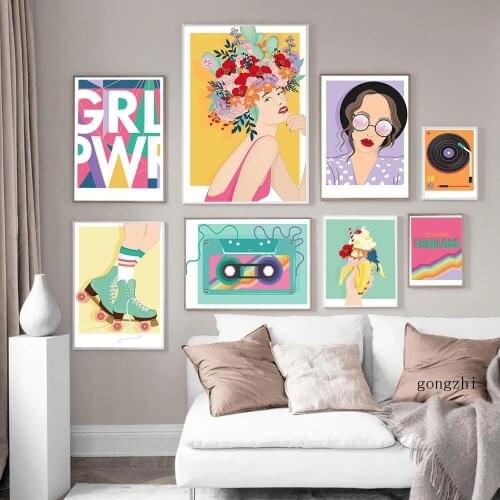 Girl Power Fashion Trend Nordic Posters Tape Record Roller Skates Canvas Painting and Prints Wall Art Pictures Living Room Decor