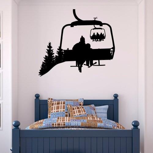 Ski Lift Wall Decal Skiers Snowboard Winter Sport- Ski Lift Chair Wall Stickers- Skiing Sports Bedroom Kids Mountain Mural A099