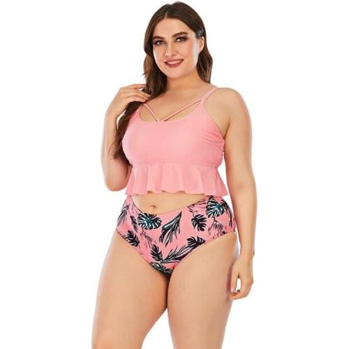 2021 New Female Pink Sexy Large Size High Waist Split Printed Leaf Bikini Womens Beach Swimsuit Sw714