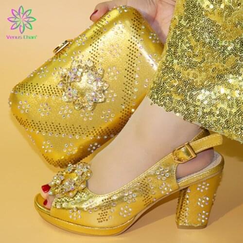 New Arrival Italian Shoes with Matching Bags High Quality African Wedding Shoes and Bag Set Decorated with Rhinestone Italy Shoe