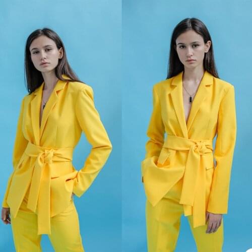 Summer New Yellow Mother Of The Bride Pants Suits Women Long Sleeve Business Formal Work Blazer Suit with Belt 2 Pieces
