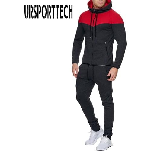 New Brand Mens Tracksuit Autumn Casual 2 Piece Set Fashion Color Block Hooded Sweatshirt Drawstring Pants Men Sportswear Suit