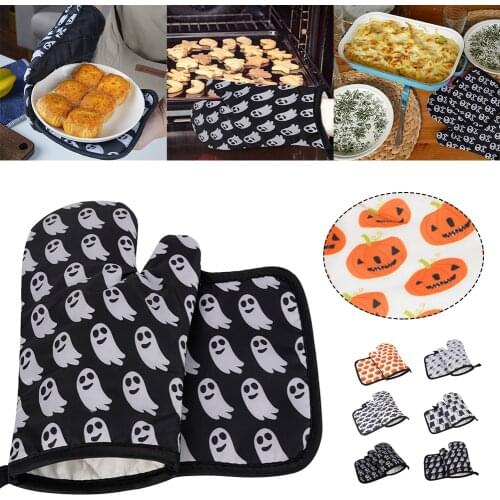 Halloween Microwave Baking BBQ Glove Cotton Oven Mitts Heat Resistant Linen Potholders Non-slip Kitchen Cooking Tools 2pcs/set