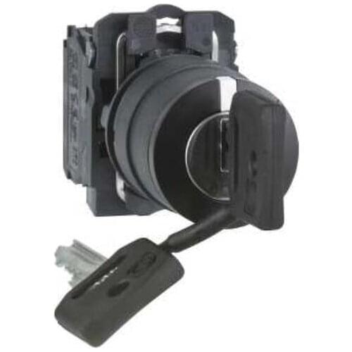 XB5AG33C XB5AG33 = ZB5AG3C + ZB5AZ103C Key switch selector, plastic, black, Ø22, key n°455, 3 positions, stay put, 2 NO