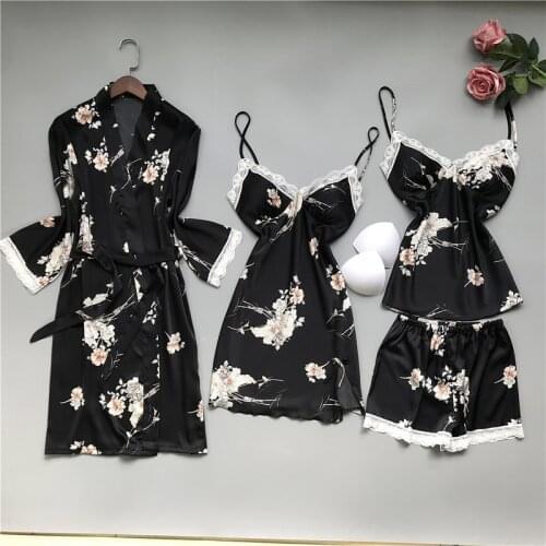Flower Printed Satin Silk Sleepwear Women Fashion Spring Nightwear Female Robe Sleep Lounge 4/2/1 Pcs Pajamas Set Homewear