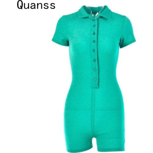 Quanss Glitter Short Sleeve Playsuit Women Button Sexy Bodycon Shorts Body Top Female Streetwear Club Rompers 2021 Outfits