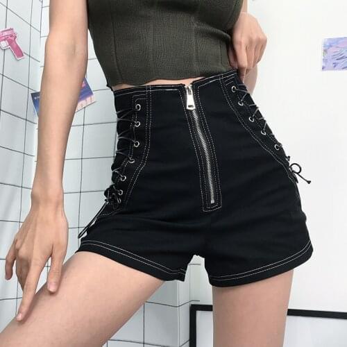 Streetwear Black/blue Punk High Waist Pencil Shorts Women plus size Zipper Short Feminino Side Criss-Cross Lace Up Summer Shorts