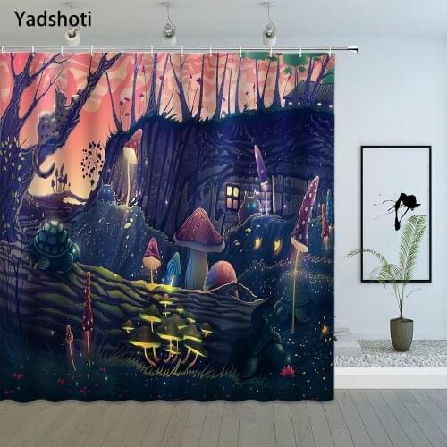 Dream Shower Curtains Cartoon Mushroom Garden Wild Animals Cat Turtle Fantasy Tree Kids Bathroom Polyester Cloth Hanging Curtain
