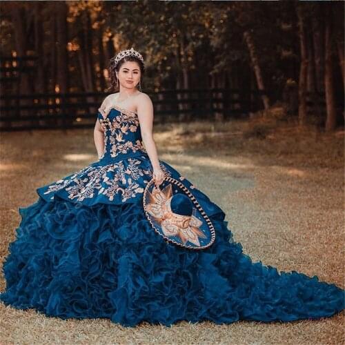 Navy Blue Sleeveless Ruffles Tiered Skirt Ball Gown Quinceanera Dresses Gold Embroidery Sweet 16 Prom Dress vestidos de 15 años