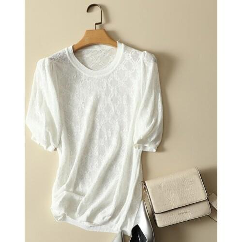 Vintage Knitted Women T-Shirts Summer New 2021 O-neck Half Sleeved Solid Elegant Office Lady Pulls Outwear Tops Tees