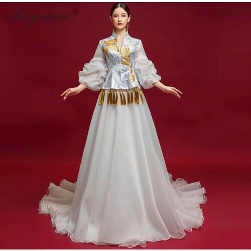 Oriental Style Tassel Trailing Long Dresses Cheongsam Modern Stage Show White Gown Women Chinese Evening Dress Qipao Two Piece