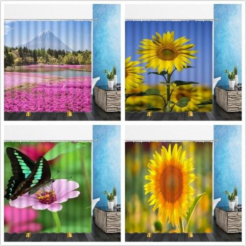 Flowers Plant Shower Curtains Yellow Sunflower Pink Flower Butterfly 3D Bathroom Home Decor Waterproof Polyester Cloth Curtain