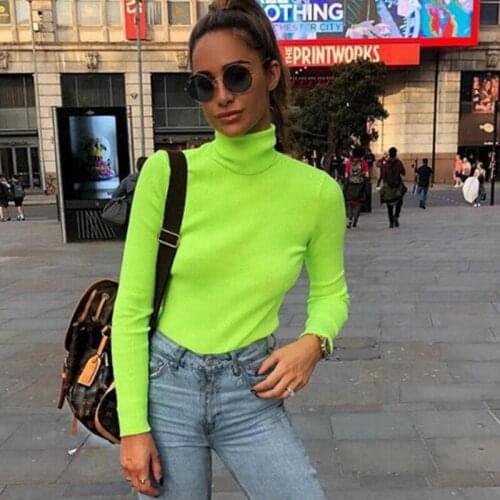 Neon Color Knitwear T Shirts Turtleneck Long Sleeve Tops 2019 Green Spring Women Basic Solid T-shirt Sexy Slim Fit T Shirt