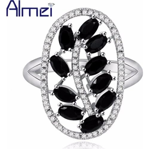 Almei Leaf Rings For Women Black Female Ring with Stones Crystal Jewelry Gifts for the New Year Decorating Jewellery Sale PJ105
