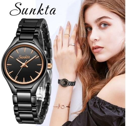 SUNKTA Fashion Casual Simple Rose Gold Full Black Ceramic Women Watches Waterproof Quartz Watch Women Girl Dress Bracelet+Box