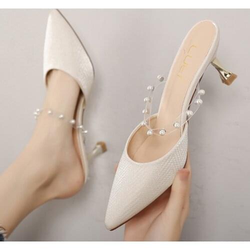 Pearl deading women slippers pointed toe high heels slides glitter cloth summer shoes transparent narrow band sandalias size 43