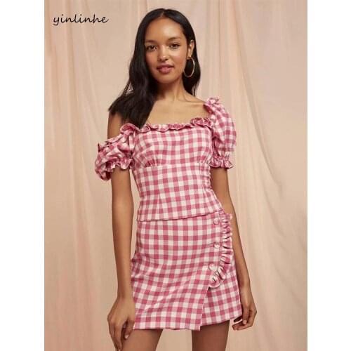 Yinlinhe Vintage Red Plaid Women Set Short Sleeve Cotton Office Ladies Dress Autumn Button Skirt Slim Ruffles 2 pieces set 1239