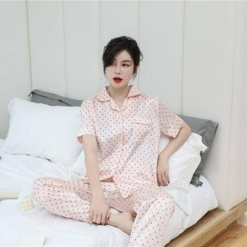 Big Size M-5XL 2PCS Heart Print Pajamas Suit Women Summer New Ice Silk Sleepwear Spring Autumn Lounge Nightwear Loose Home Wear
