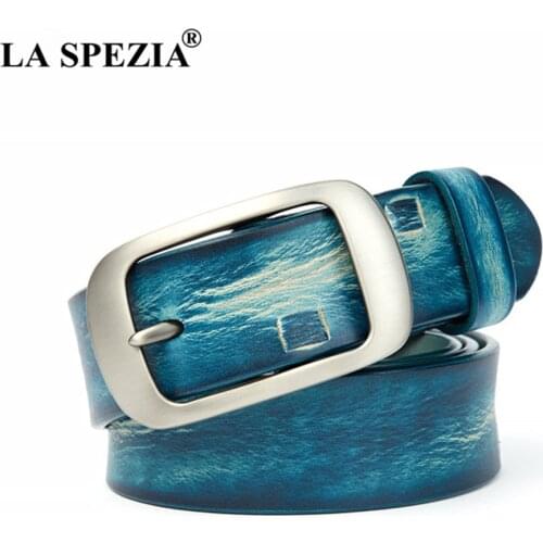 LA SPEZIA Blue Genuine Leather Women Belt Casual Buckle Waist Belts Women High Quality Brand Autumn Ladies Accessories Belts