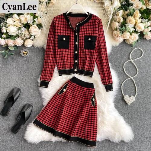 Cyanlee Women Knit Plaid Jackets Jumpers Skirts Sets Single Breasted Long Sleeve Woman Knitted Coats Skirt Suits Outfits