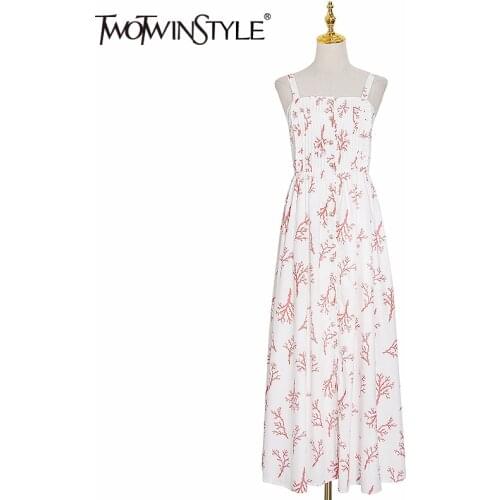TWOTWINSTYLE Elegant Print Dresses Female Square Collar Spaghetti Strap High Waist Side Split Hit Color Summer Dress Women