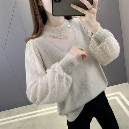 19763 (new frame No.2 in 6 rooms) real shot round neck mesh stitching lace sleeve T-shirt 50