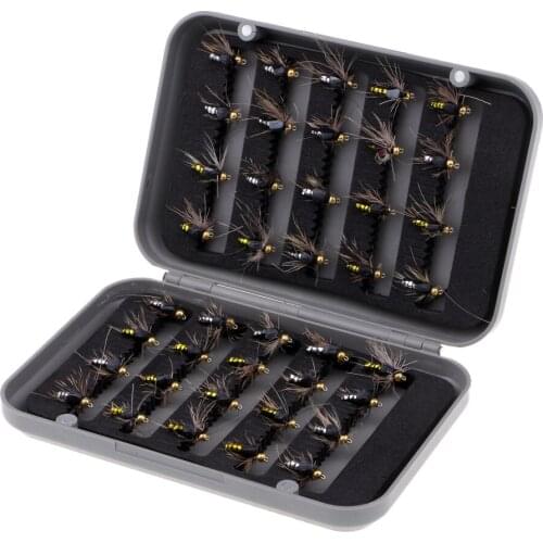 40pcs Fly Fishing Flies Kit Handmade Dry Flies Fly Fishing Baits Streamer Nymph Emerger with Waterproof Fly Box