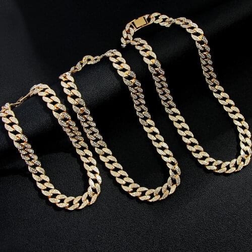Hip Hop Paved Rhinestones Miami Cuban Chain Necklace For Women Men Bling Gold Silver Color 3 Size Cuban Collar Necklaces Jewelry