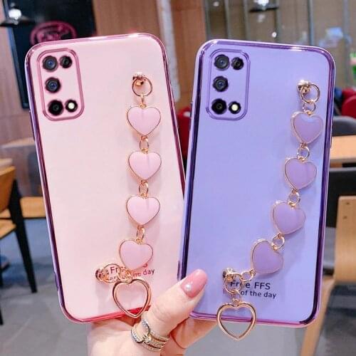 Love Heart Wrist Chain Phone Case For Samsung Galaxy A11 A12 A10S A20S A31 S21 A750 Note 20 Note8 9 M31 Plating Bumper Cover