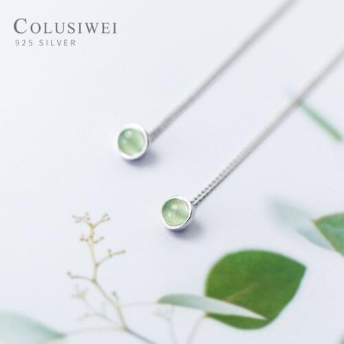 Colusiwei Exquisite 100% 925 Sterling Silver Small Round Long Chain Drop Earrings for Women Natural Green Opals Silver Jewelry